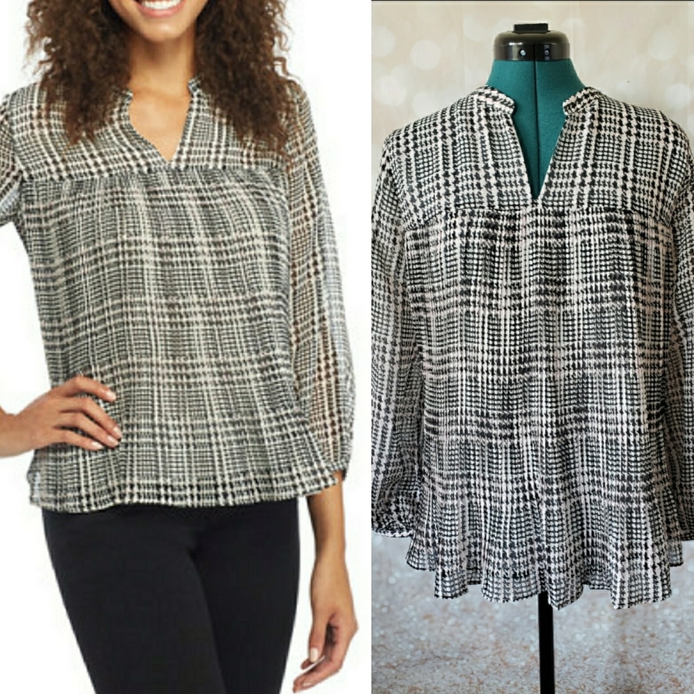 Tommy Hilfiger Split Neck Pleated Plaid Top